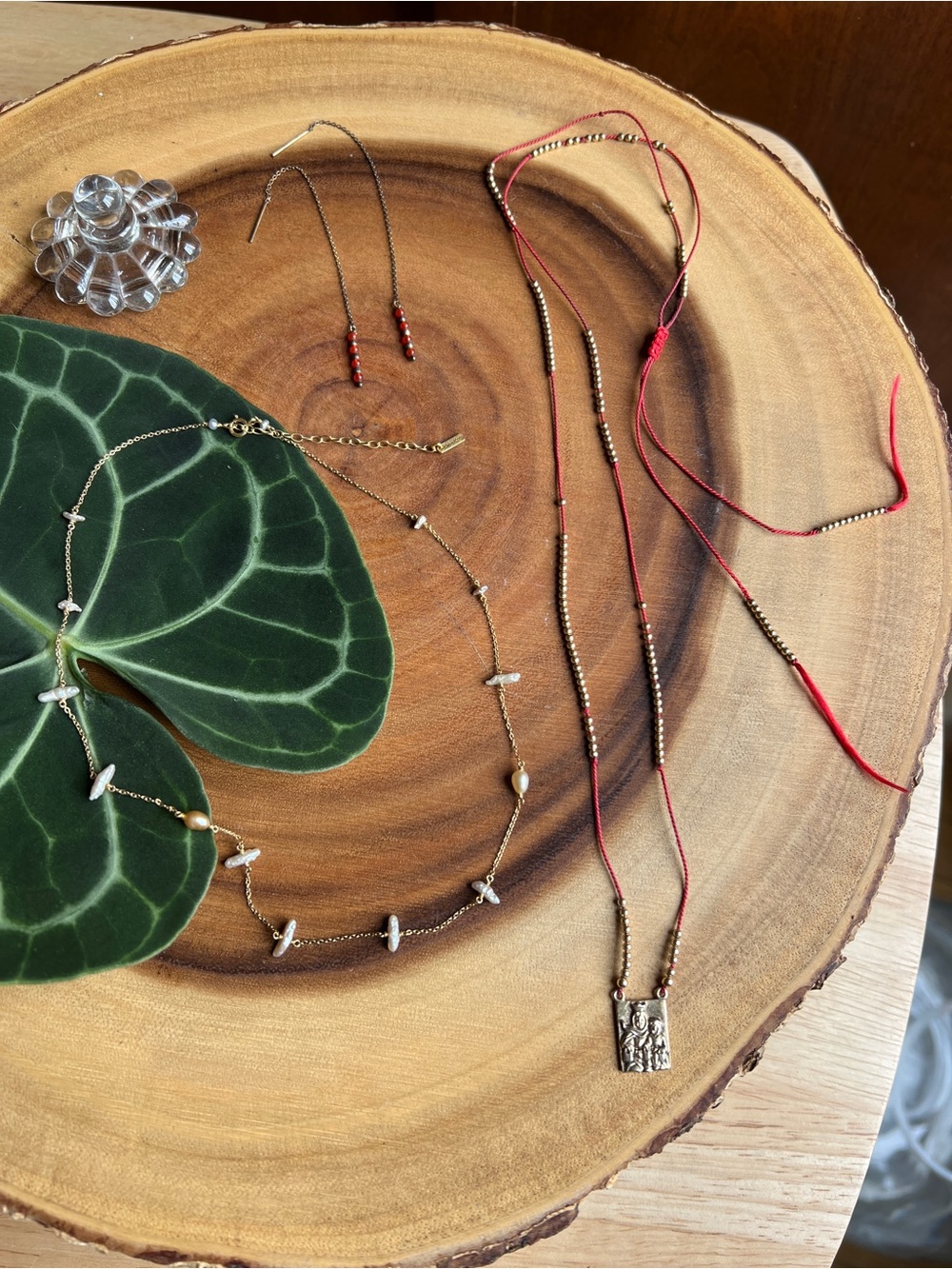 Delicate Gold Pearl Station Necklace and Red Beaded Pendant and Earring Set